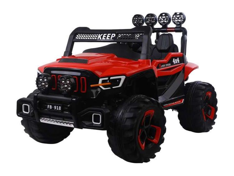 Carrinho elétrico 4x4 vermelho e preto com barra de faróis no teto, visto de frente na diagonal