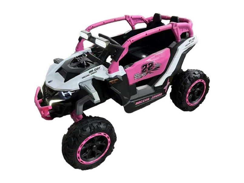 UTV elétrico rosa, branco e preto com santo-antônio e pneus grandes, visto de frente na diagonal