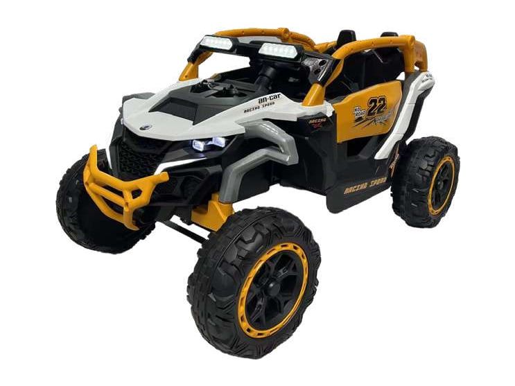 UTV elétrico laranja, branco e preto com santo-antônio e pneus grandes, visto de frente na diagonal