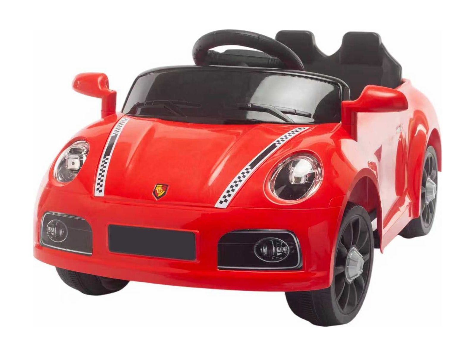 Carrinho esportivo vermelho, visto de frente na diagonal